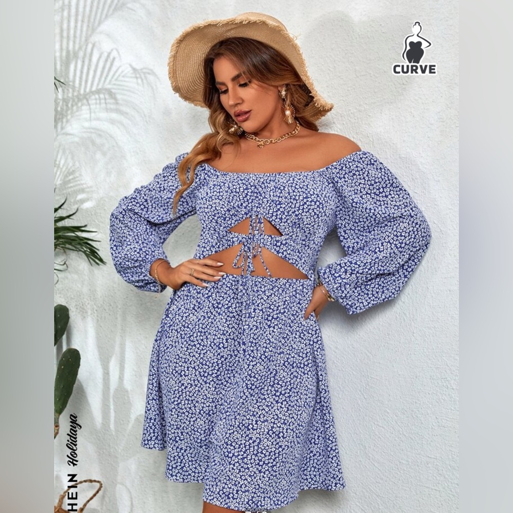 Shein Ditsy Floral Off Shoulder Cut Out Bishop Sleeve Dress